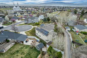 Aerial view of residential area with a mountain backdrop