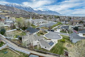Aerial view of residential area with a mountainous background