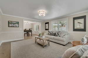 Living area with a chandelier, light wood-style floors, ornamental molding, and a textured ceiling