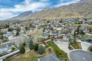 Aerial perspective of suburban area featuring a mountainous background