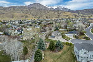 Aerial perspective of suburban area with a mountain backdrop