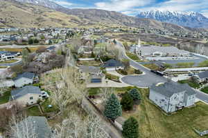 Aerial view of residential area with a mountain backdrop