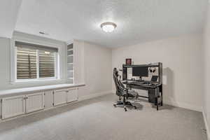 7th Bedroom or Office with built in shelves, light colored carpet, and a textured ceiling