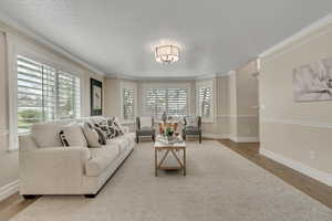 Living room with wood finished floors, ornamental molding, and a textured ceiling