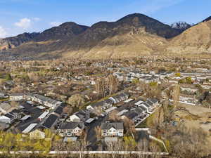 Aerial perspective of suburban area featuring mountains