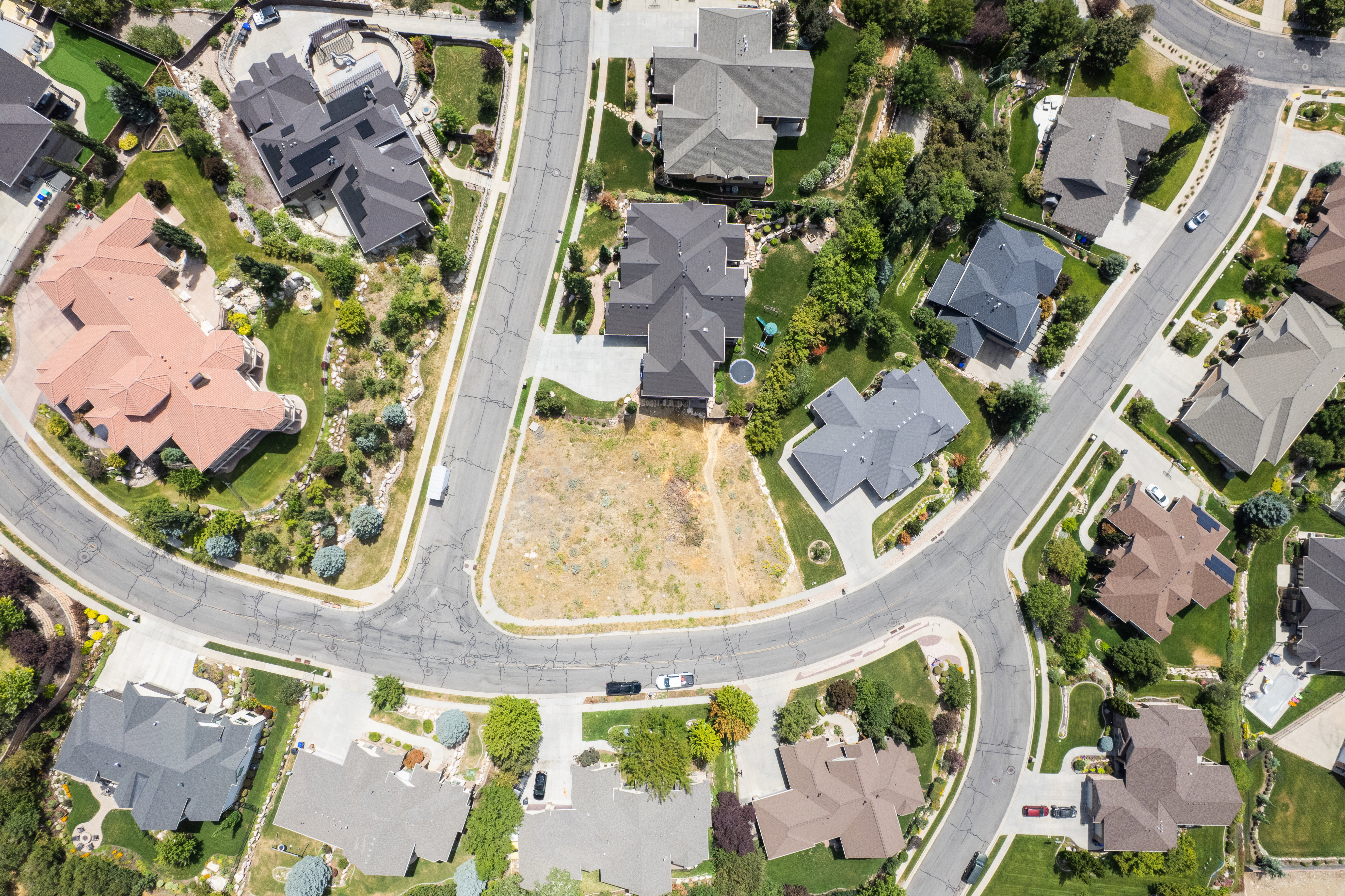 Aerial overview of property's location with nearby suburban area