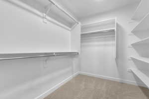 Walk in closet featuring light carpet