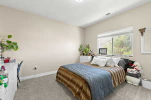 Bedroom with light colored carpet
