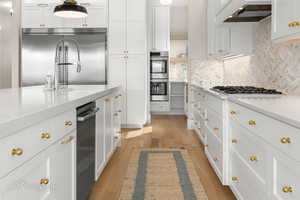 Kitchen with white cabinetry, light wood-type flooring, stainless steel appliances, and light stone countertops