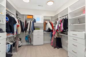 Walk in closet featuring light colored carpet