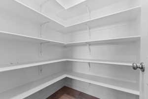 Expansive pantry featuring multi-level shelving, white finishes, and wood-finish flooring