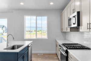 Modern kitchen featuring light-toned cabinetry, stainless steel appliances, and wood-finish flooring