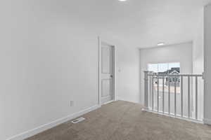 Carpeted upper-level landing featuring a white painted railing, a window providing natural illumination, and a white paneled door