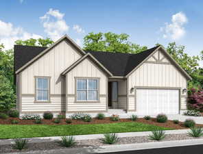 View of front facade with roof with shingles, a garage, concrete driveway, and board and batten siding