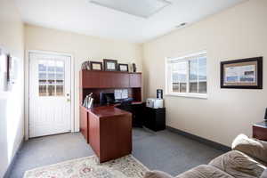 Office area featuring plenty of natural light and light colored carpet