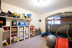 Playroom with carpet flooring and a textured ceiling
