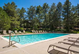 Community pool with a patio and view of wooded area