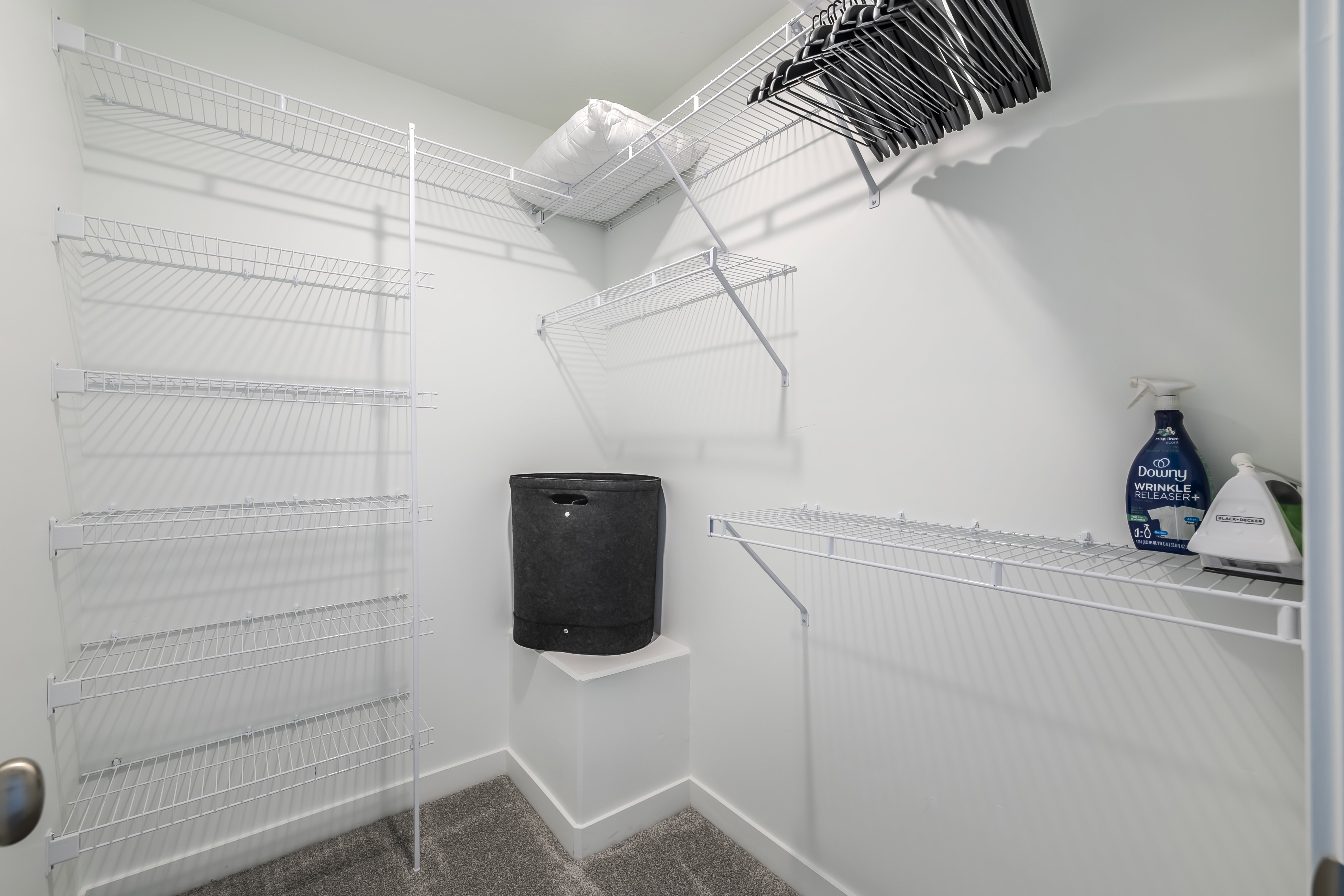 Walk in closet with dark carpet