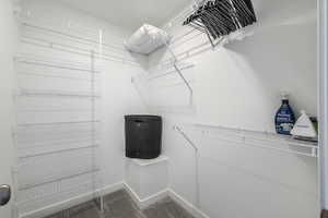 Walk in closet with dark carpet