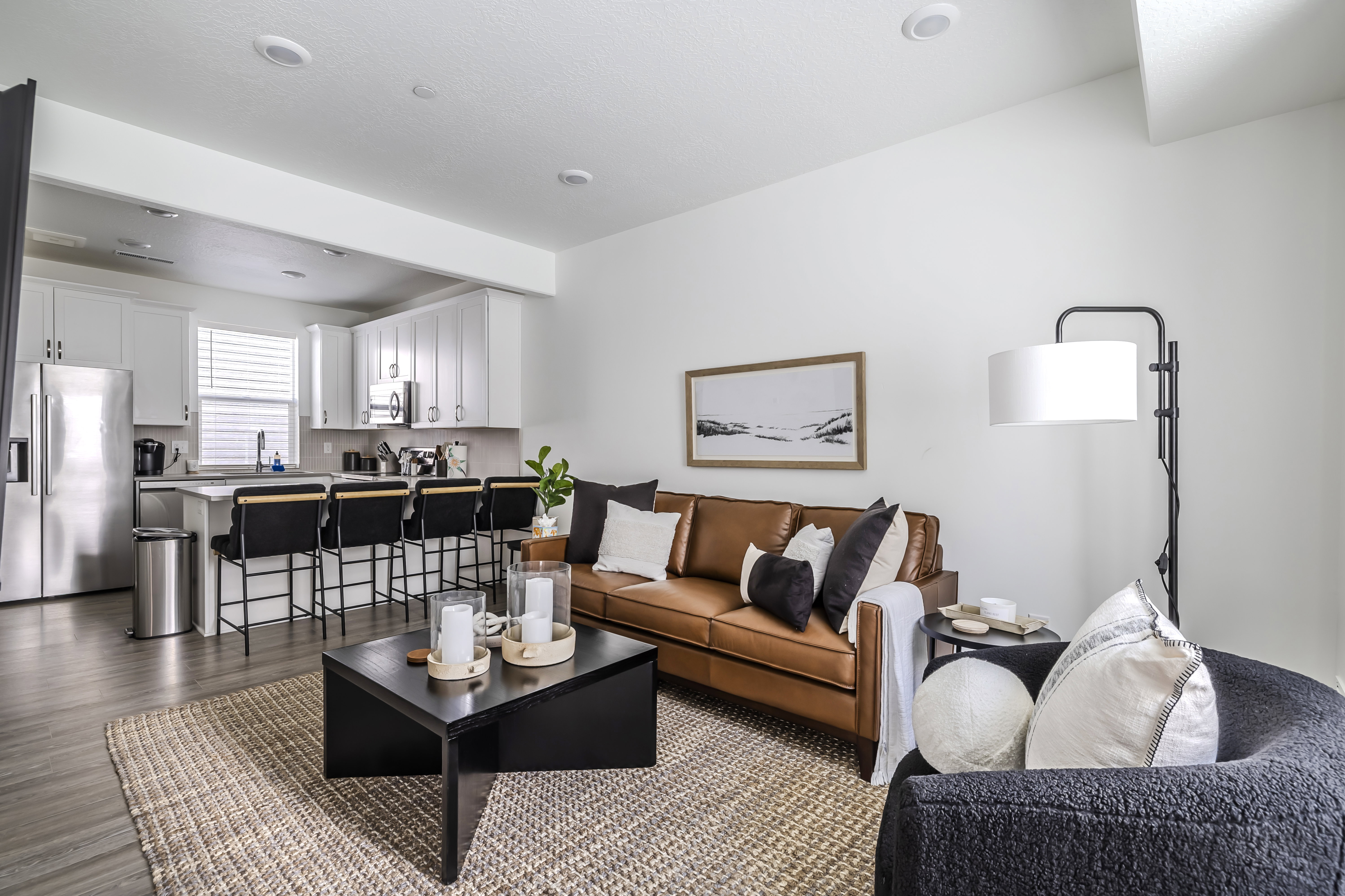 Living area with dark wood-style flooring