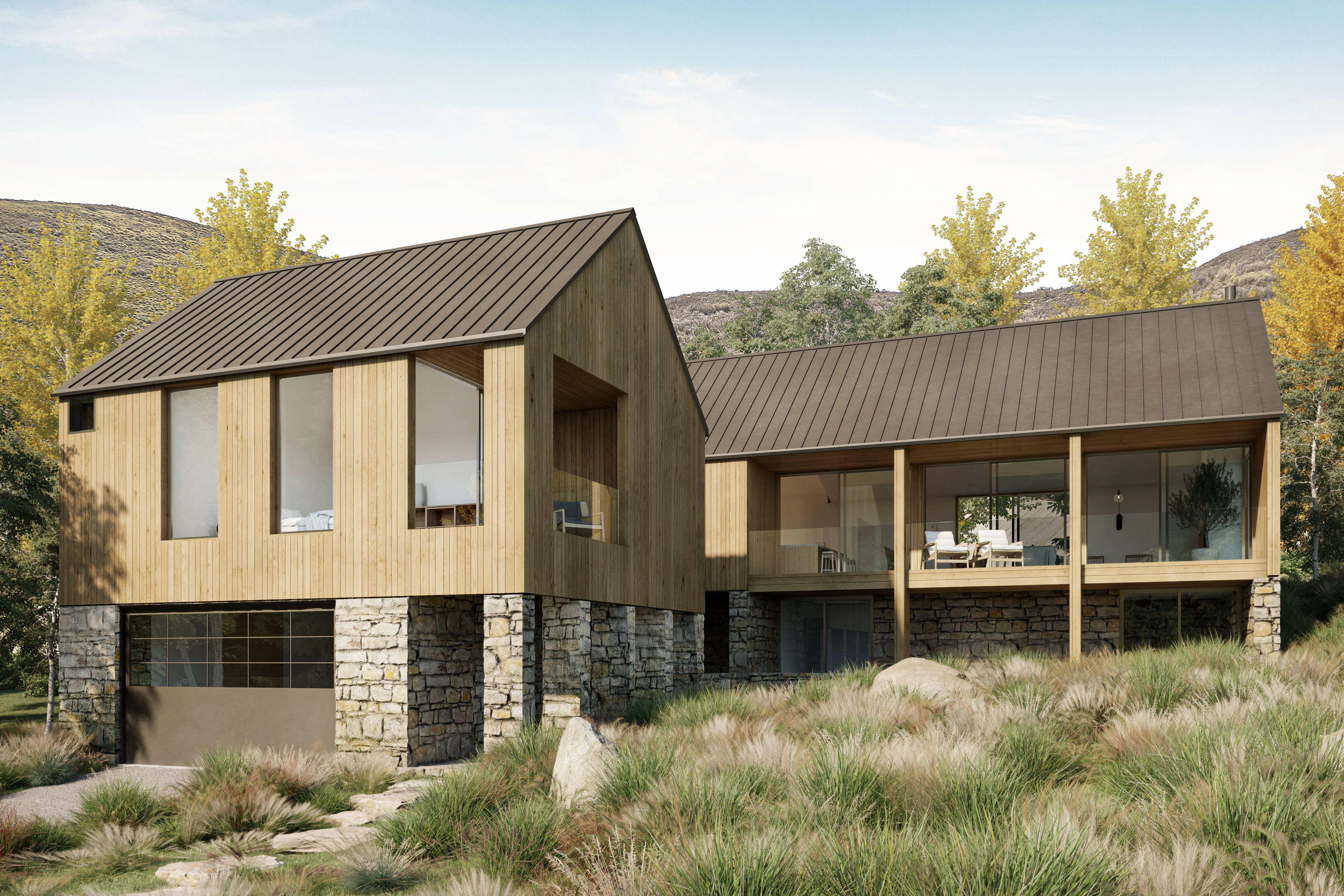 View of front of house featuring stone siding, a mountain view, and a standing seam roof