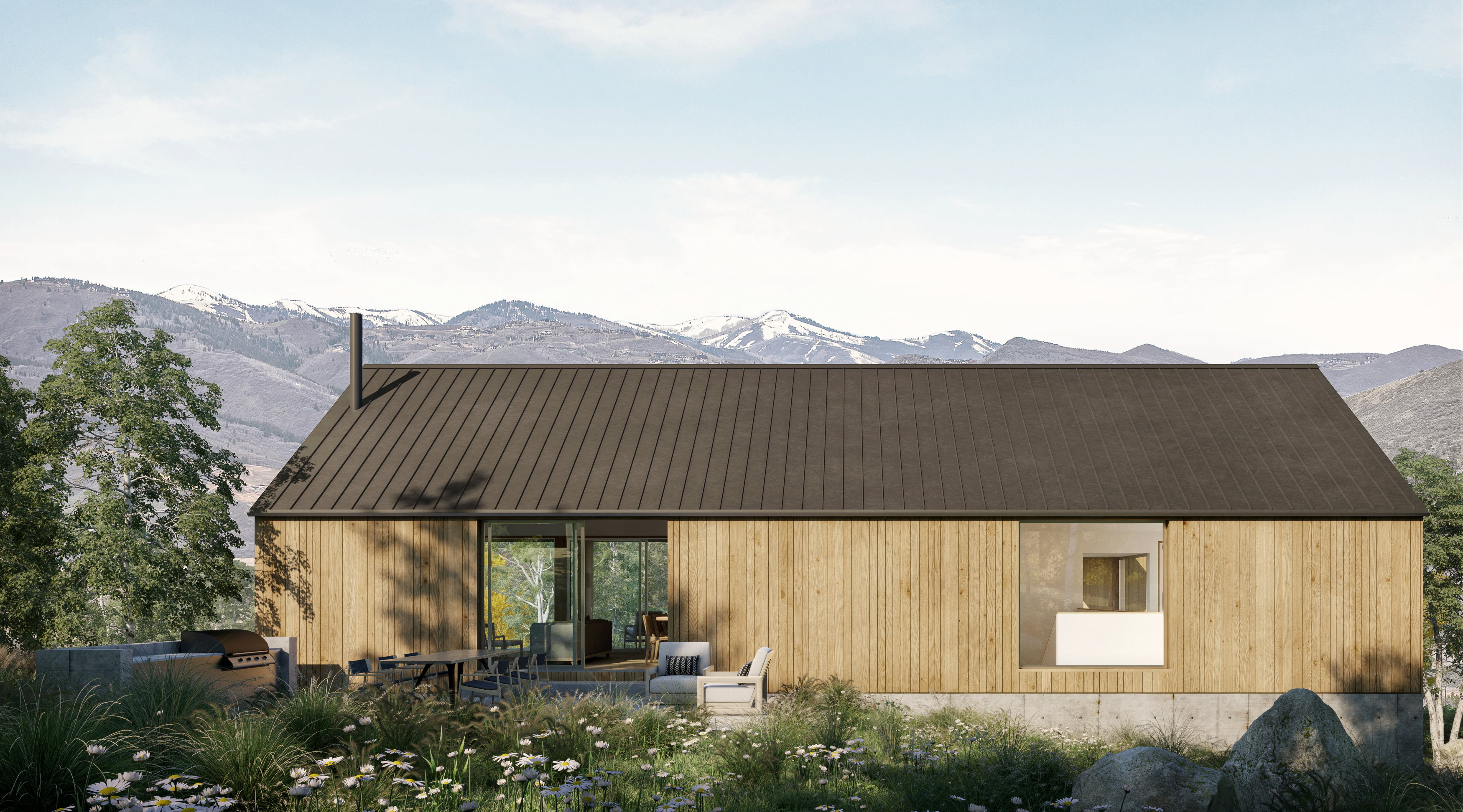 Rear view of property with a mountain view and a patio area