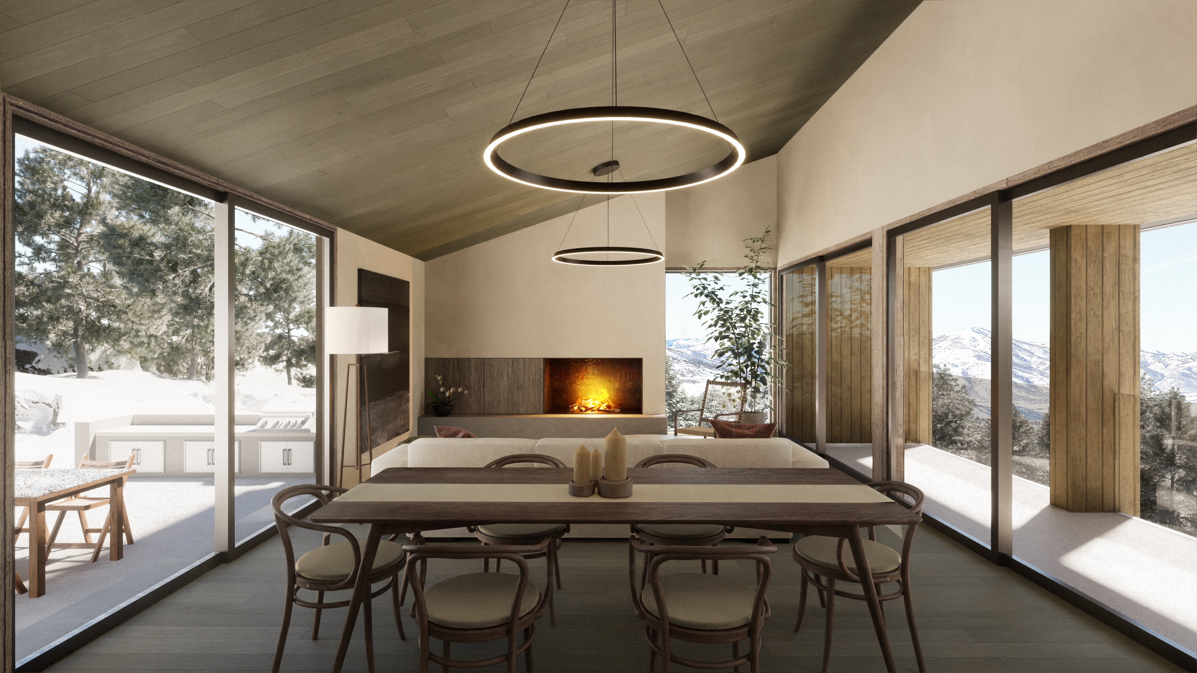 Sunroom with a mountain view and lofted ceiling