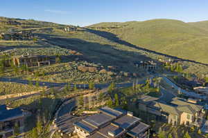 Aerial view of residential area with mountains