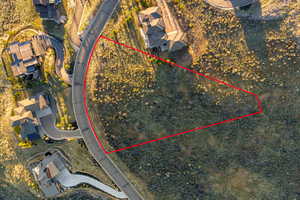 Aerial overview of property's location featuring property parcel outlined