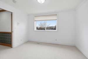 Empty room with light colored carpet and crown molding