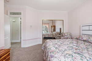 Bedroom featuring carpet floors, ornamental molding, and a closet