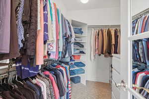 Walk in closet featuring light carpet