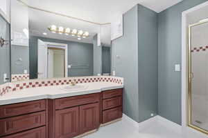 Bathroom featuring vanity, a stall shower, and decorative backsplash