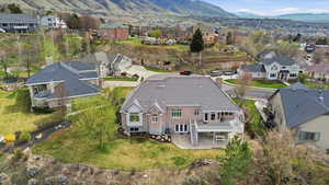 Aerial perspective of suburban area with mountains