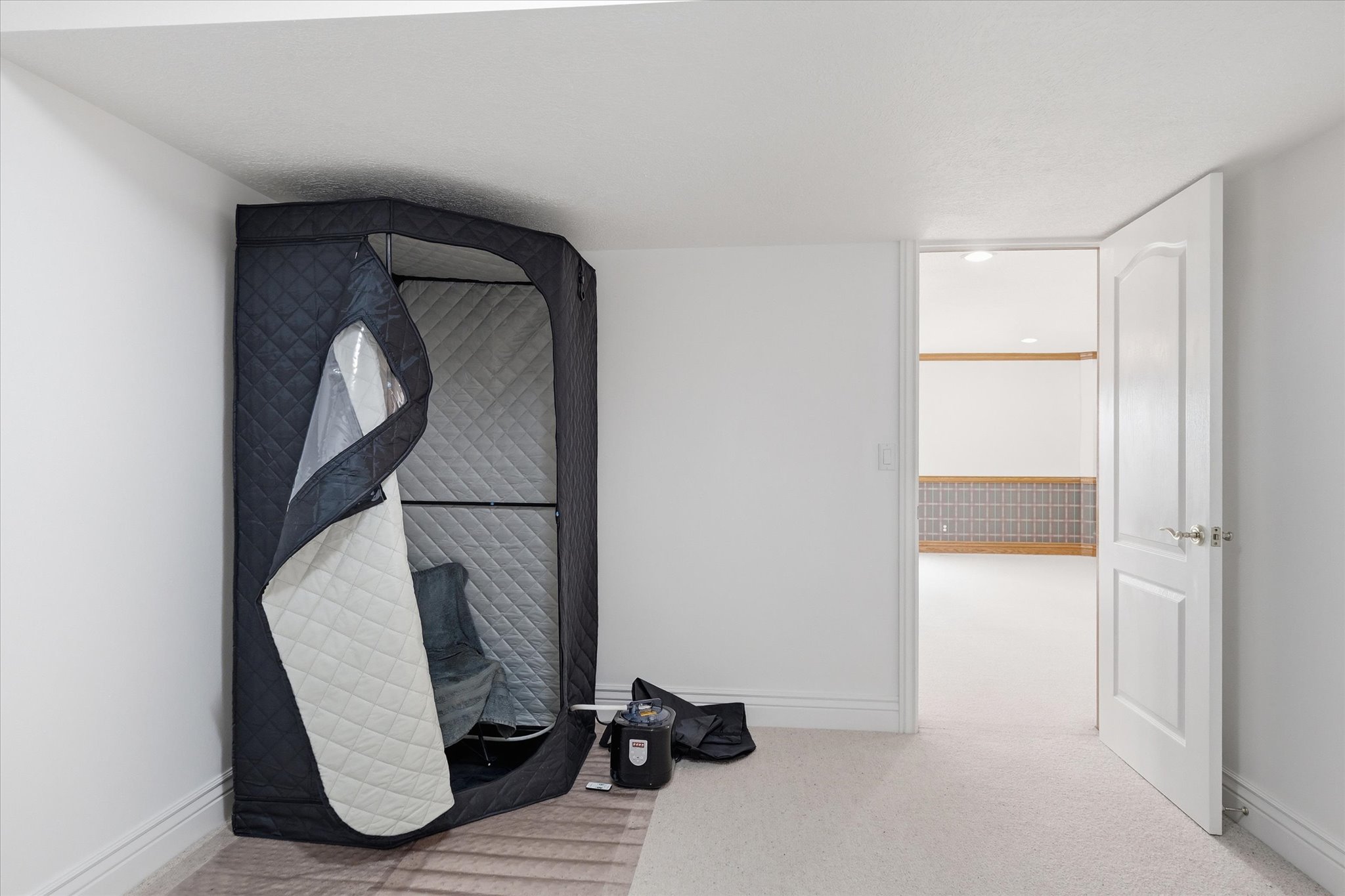 Unfurnished bedroom with light carpet and baseboards