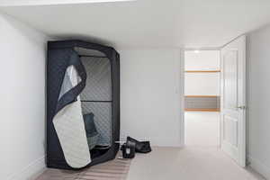 Unfurnished bedroom with light carpet and baseboards