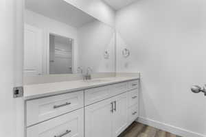 Bathroom with vanity and dark wood-style flooring