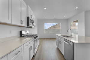 Kitchen featuring stainless steel appliances, dark wood-style floors, a kitchen island with sink, light stone counters, and white cabinetry