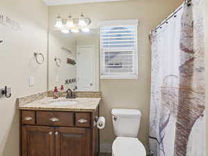 Bathroom with vanity and curtained shower