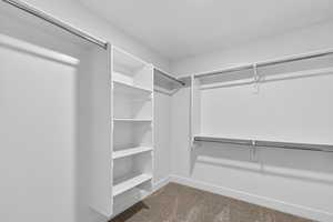 Walk in closet with light colored carpet