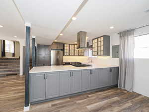 Breakfast bar with cabinet storage below.