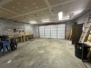 Garage with concrete block wall