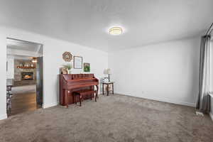 Sitting room with a fireplace, carpet floors, and a textured ceiling