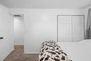 Bedroom featuring carpet flooring and a closet