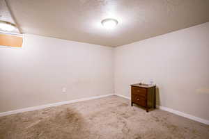 Unfurnished room with a textured ceiling and carpet floors