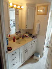 Bathroom with vanity, washer / dryer, and a shower with curtain