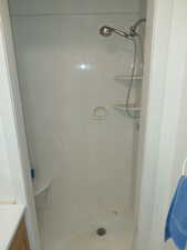 Primary bedroom's bathroom featuring a stall shower and vanity