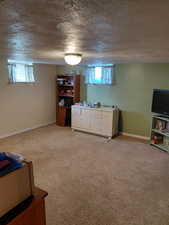 Bedroom with light carpet and a textured ceiling