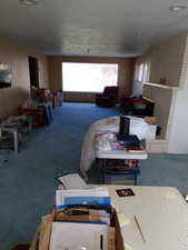 Carpeted living area featuring a fireplace