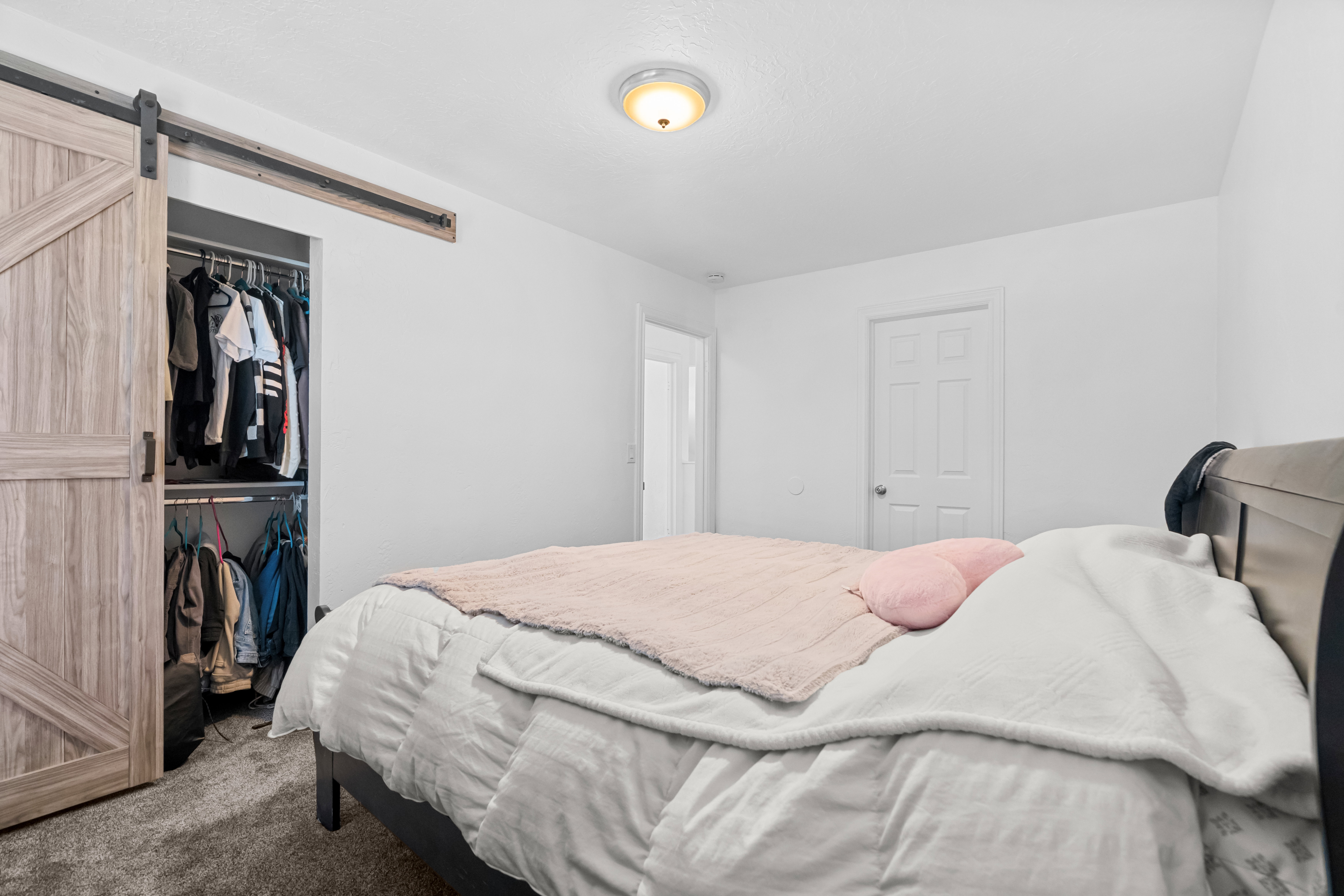 Carpeted bedroom featuring a barn door and a closet